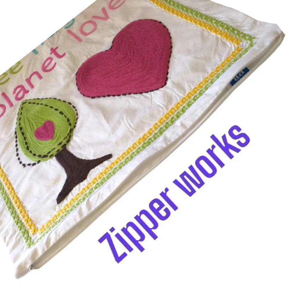Pottery Barn Teen Tree Hug Planet Love Pillow Cover Organic Cotton Embroidered‎